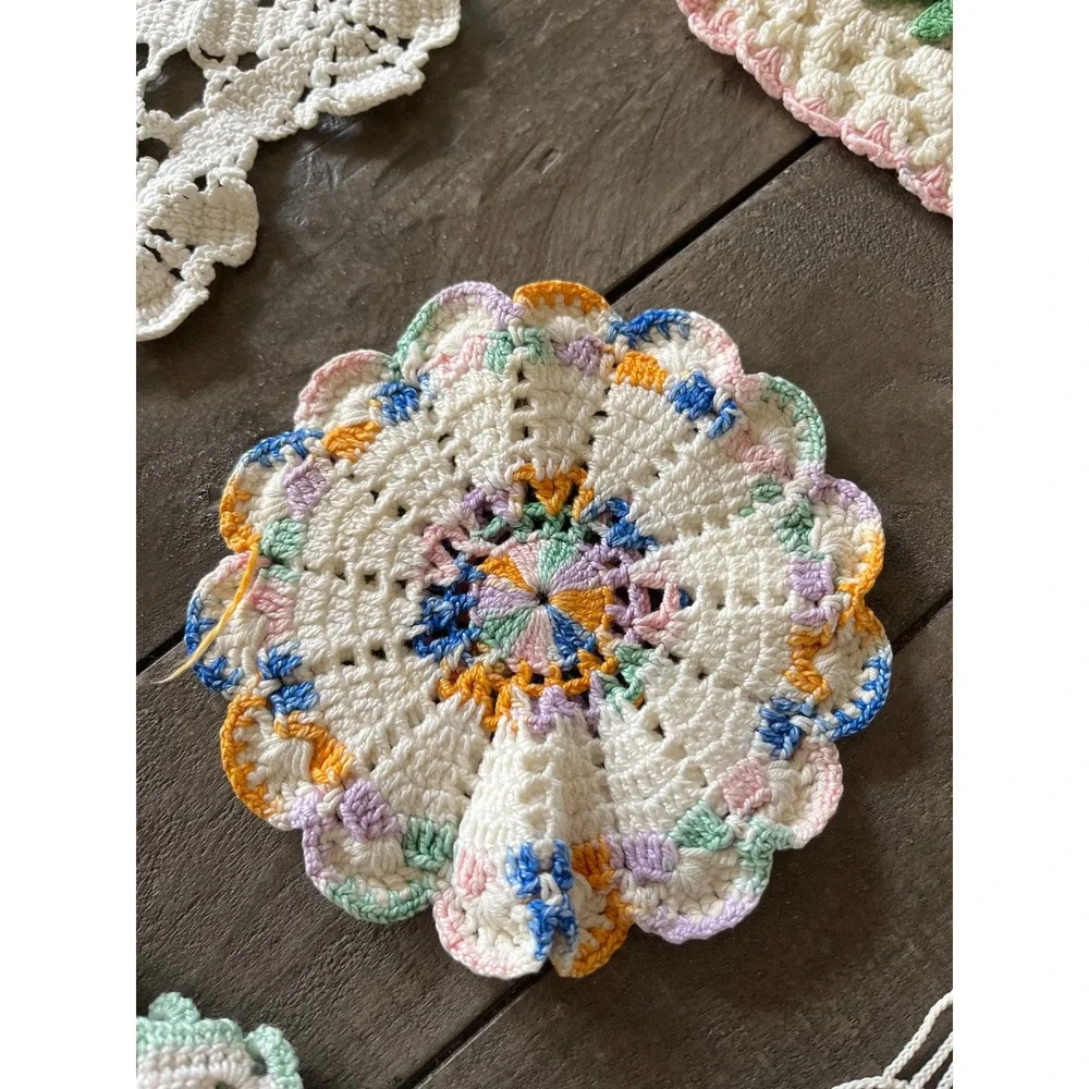 Vintage Handmade Crochet Doilies and Rose Pot Holder Set White Pink Green Blue